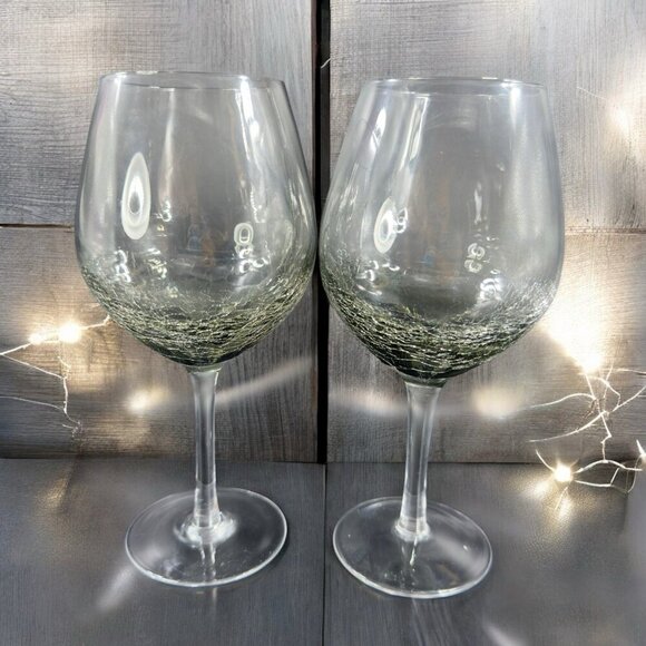 Pier 1 Crackle Smokey Black 18 oz Balloon Glasses Discontinued Cups Goblets Set - Picture 1 of 8